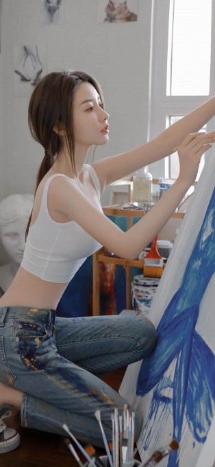 画室里的漂亮小姐姐手机壁纸