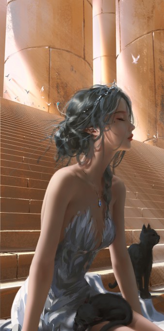 鬼刀冰公主海琴烟和黑猫坐在台阶上8k手机壁纸(4596x9240)
