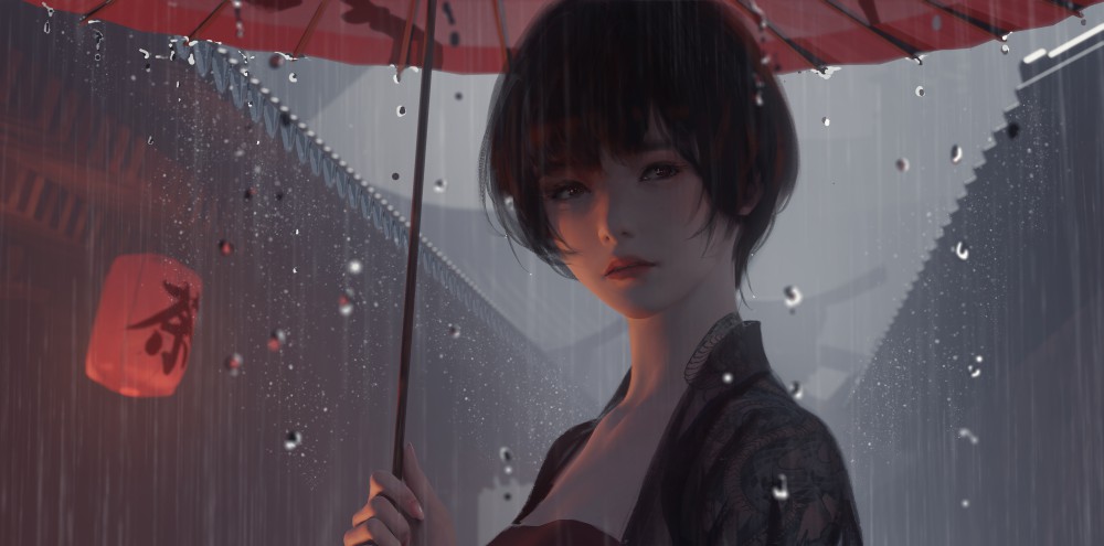 鬼刀小绿在雨中撑着伞高清8k电脑桌面壁纸(8400x4160)