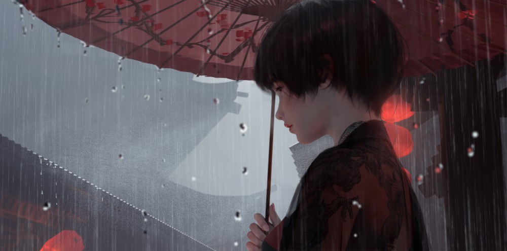 鬼刀小绿雨中撑着红伞高清8k电脑桌面壁纸(8400x4160)