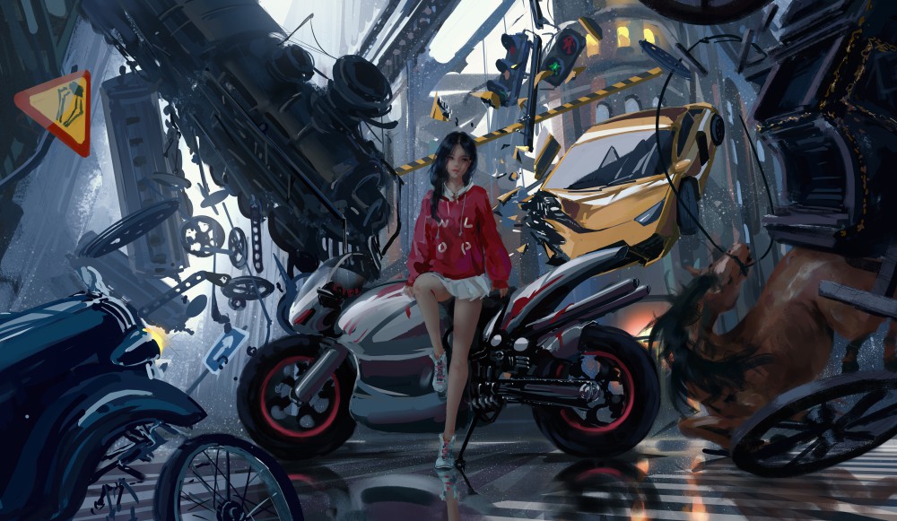 机车白色短裙女孩8k壁纸