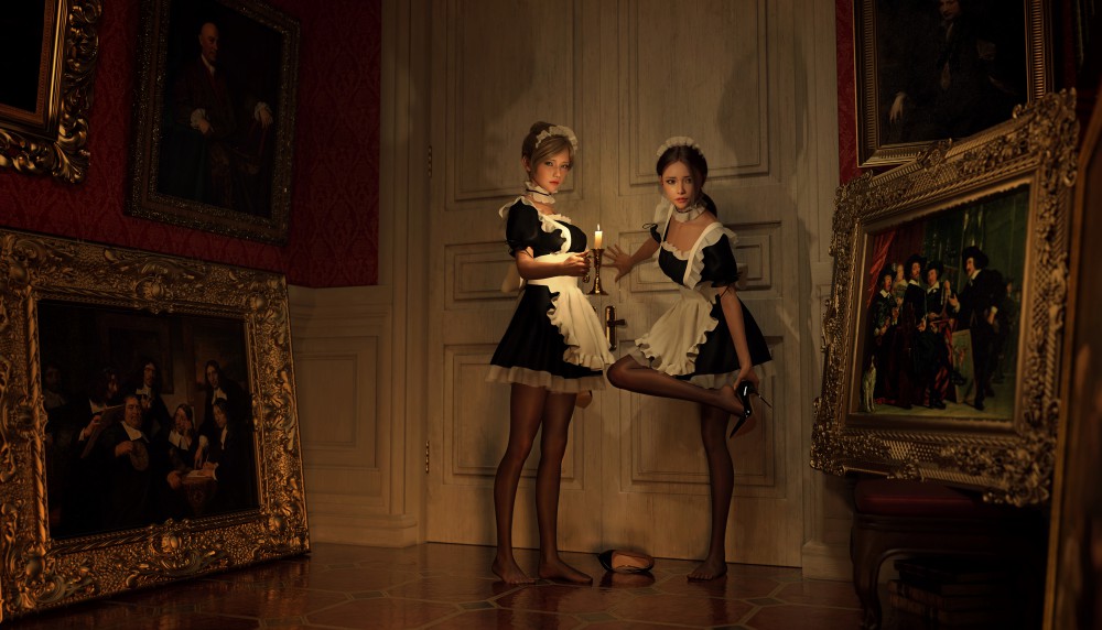 两个身穿女仆装少女点着蜡烛高清2k桌面壁纸(3440x1966)