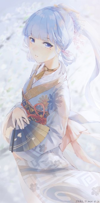原神神里绫华穿和服手拿折扇6k手机壁纸