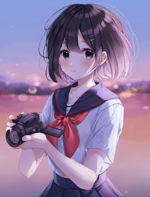 短发女孩校服单反相机4k手机壁纸