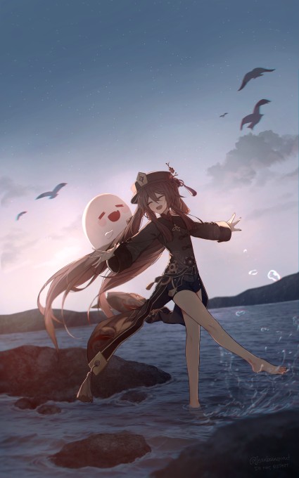 原神胡桃黄昏在海边5k手机壁纸(3490x5579)