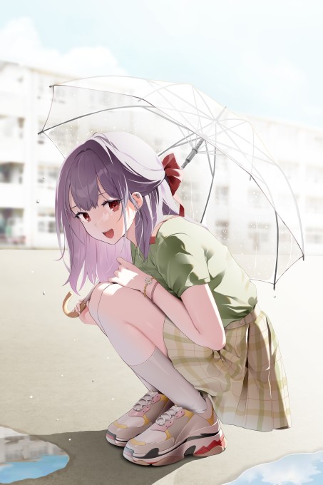 蹲着撑伞的JK裙女孩5k手机壁纸