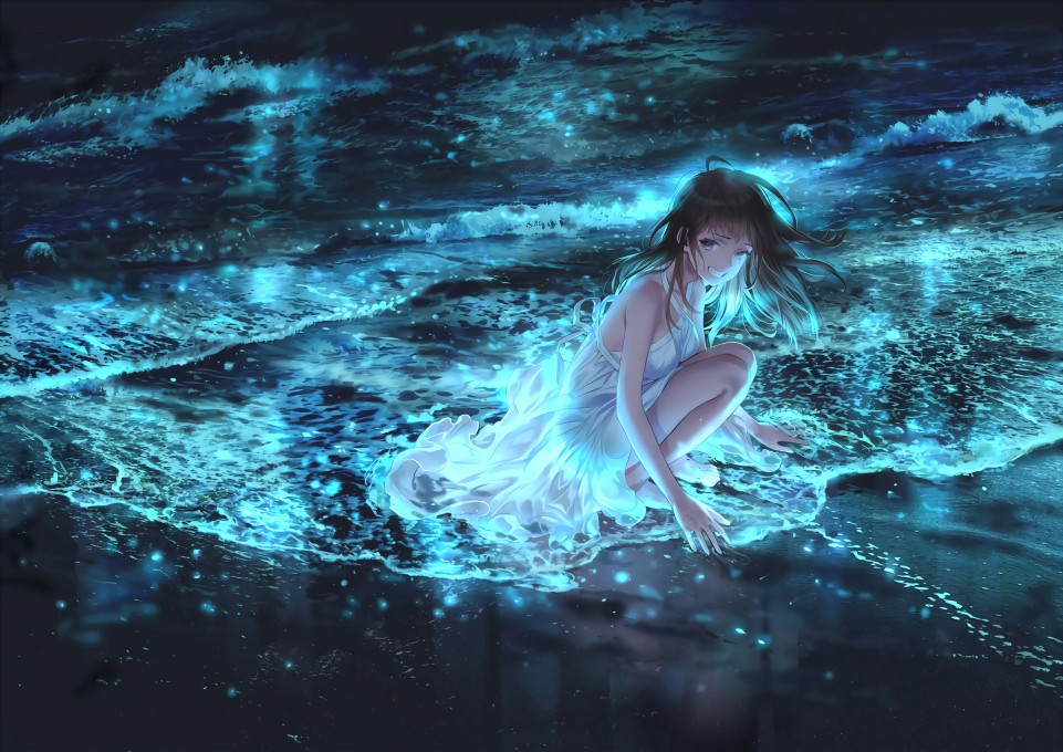 夜晚海边少女4k高清电脑壁纸