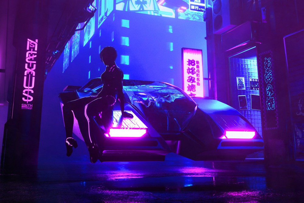 夜晚街道未来悬浮汽车美少女高清壁纸