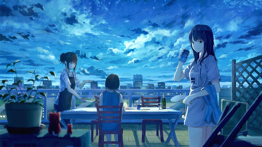 女孩子星空流星餐桌聚会动漫壁纸