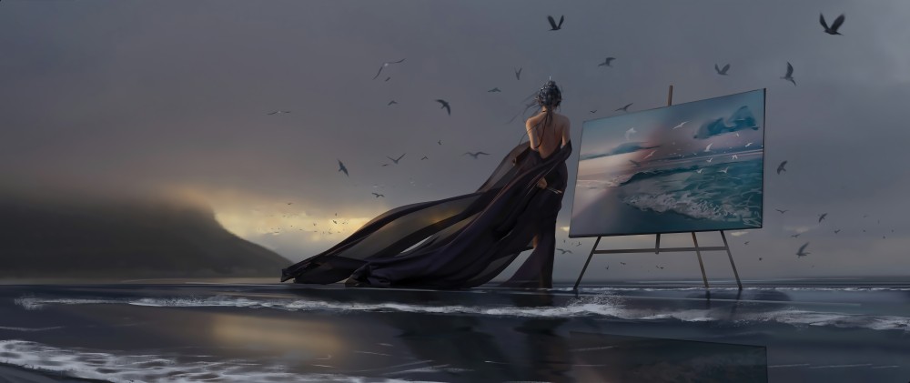 鬼刀冰公主海琴烟海边绘画8k电脑带鱼屏桌面壁纸(9968x4200)