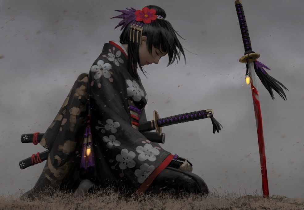 女武士跪坐在草地上高清壁纸