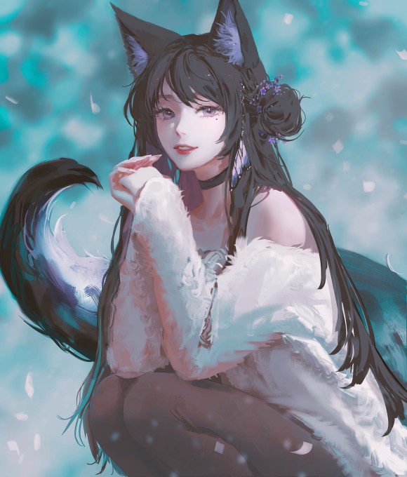 蹲着的狐狸女孩5k手机壁纸