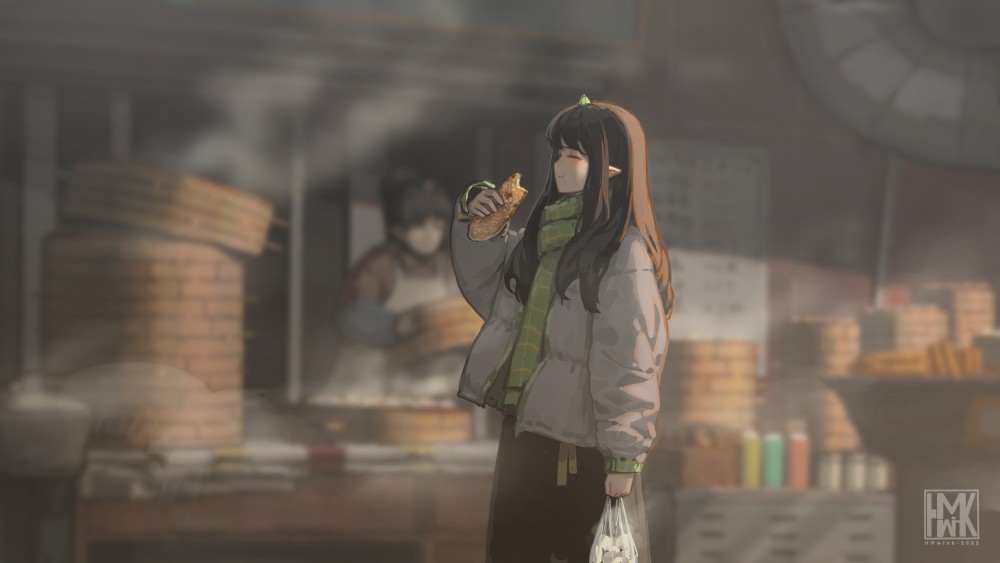 早餐店外一位大口吃饼的女孩-云兮