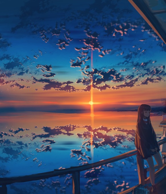 傍晚女孩倚靠栏杆美景2k手机壁纸