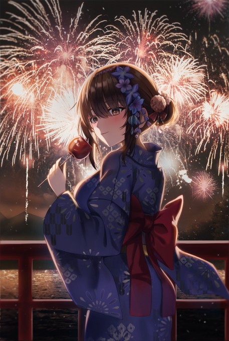 和服女孩烟花盛宴5k手机壁纸