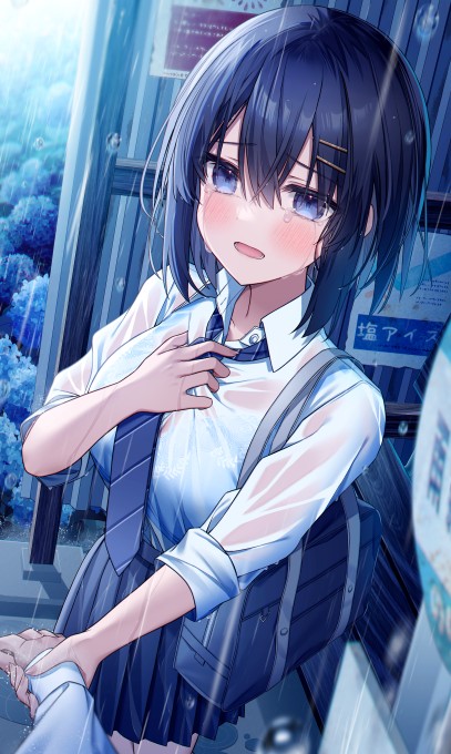 下雨天湿身动漫女孩4k手机壁纸