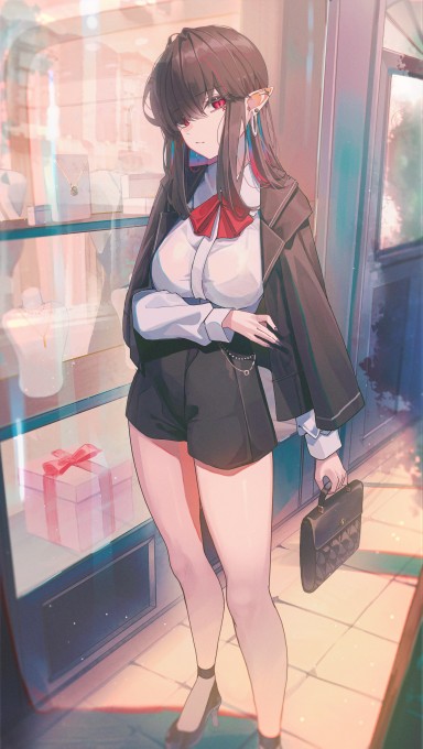 手提着手提包红眼长发女孩5k手机壁纸
