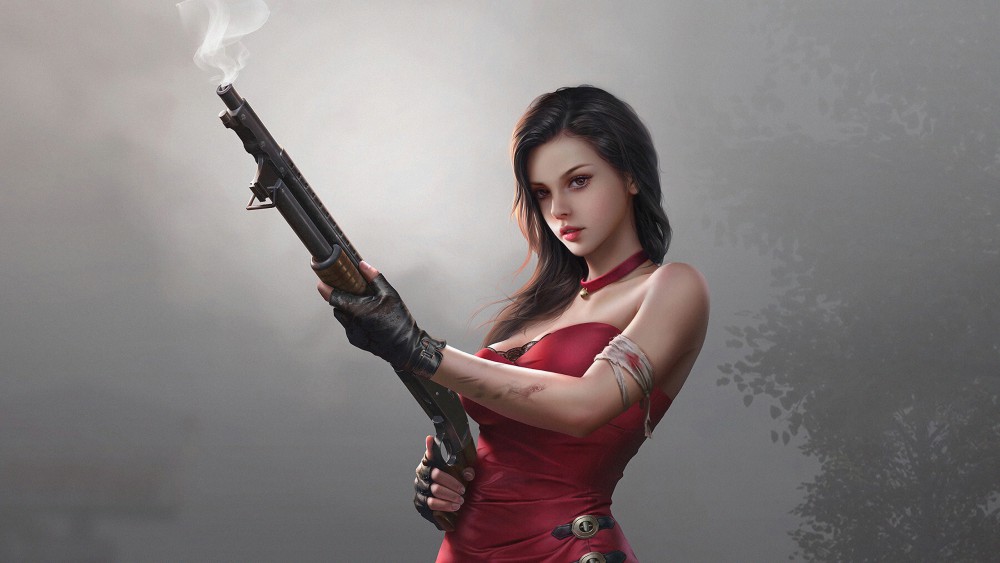 红色连衣裙女人持枪高清电脑壁纸